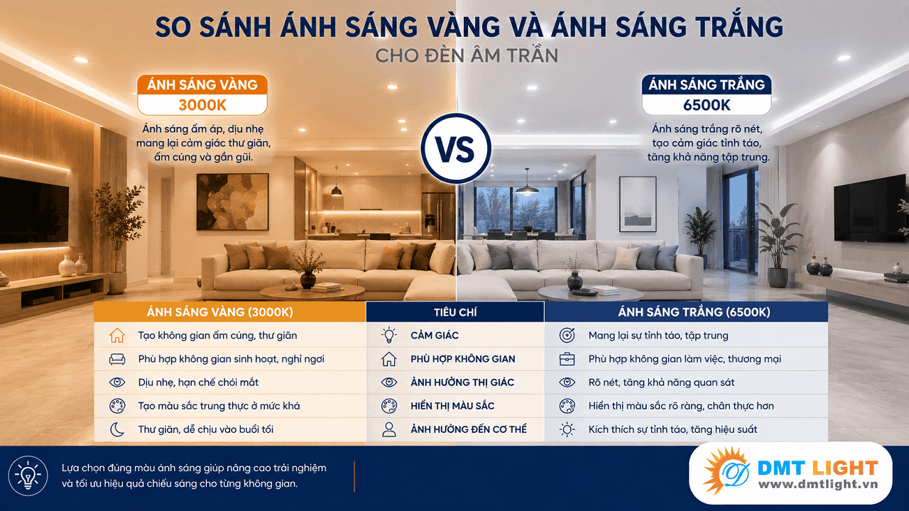 Mỗi loại màu sắc đèn âm trần sử dụng sẽ có những điểm khác biệt mà bạn cần biết