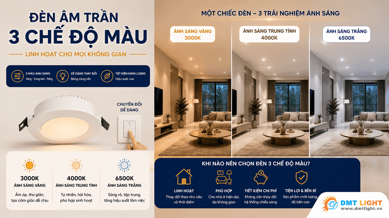 Nên chọn đèn âm trần 3 chế độ màu khi muốn tiết kiệm chi phí thay đổi hệ thống chiếu sáng