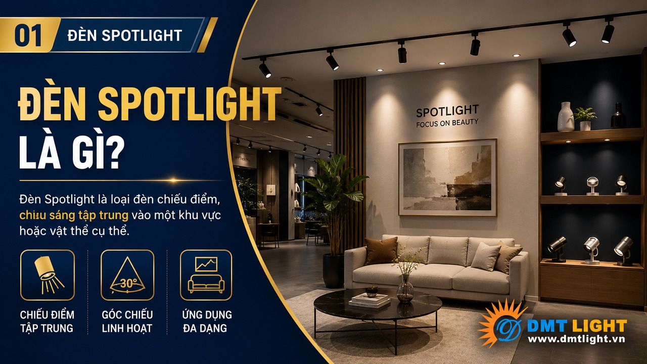 Đèn Spotlight mang đến ánh sáng tập trung, giúp nổi bật các chi tiết nội thất phòng khách