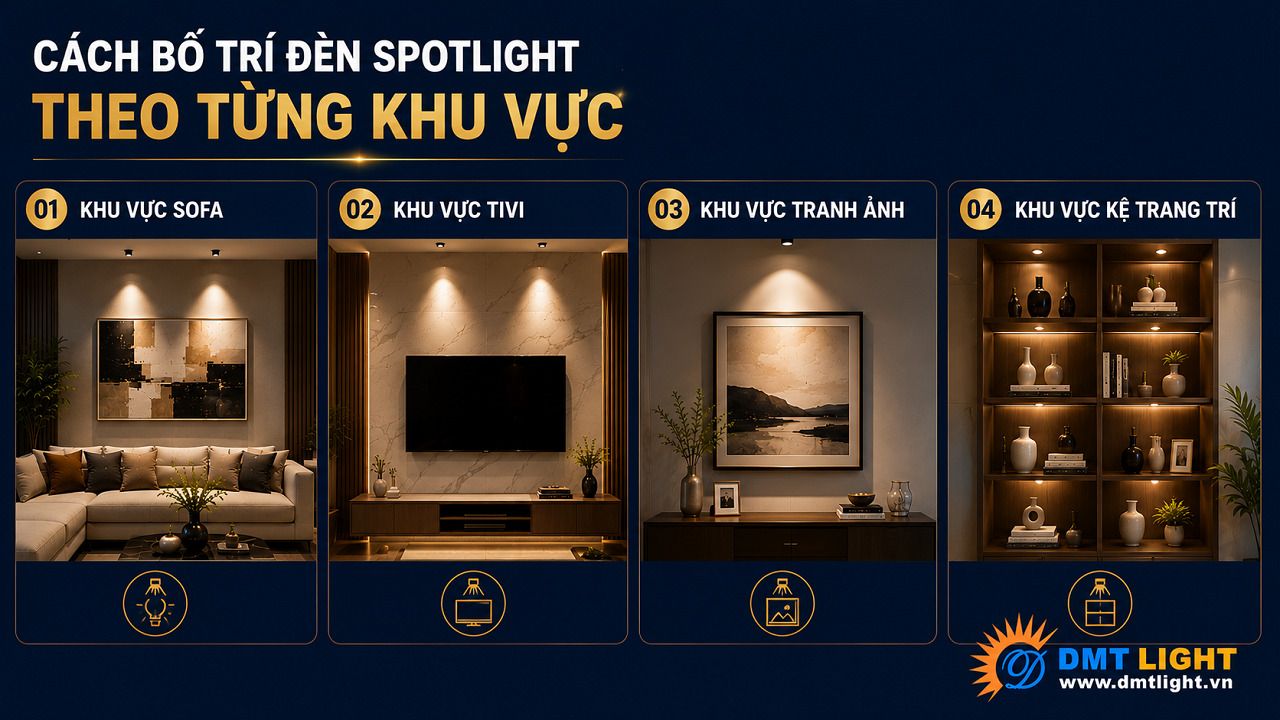 Với phòng khách trần thạch cao bạn nên lắp đèn Spotlight chạy dọc theo viền trần