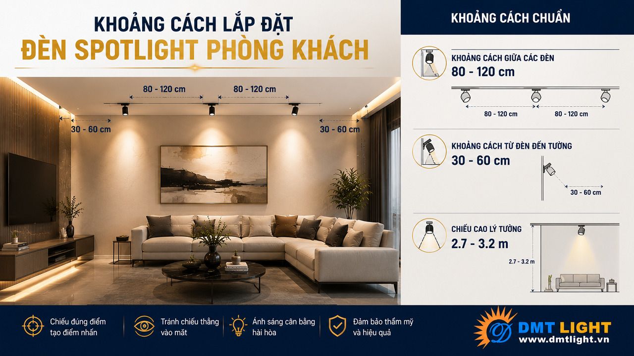 Khoảng cách lắp đặt giữa các đèn Spotlight phòng khách tối thiểu là 0,8 - 1,5m