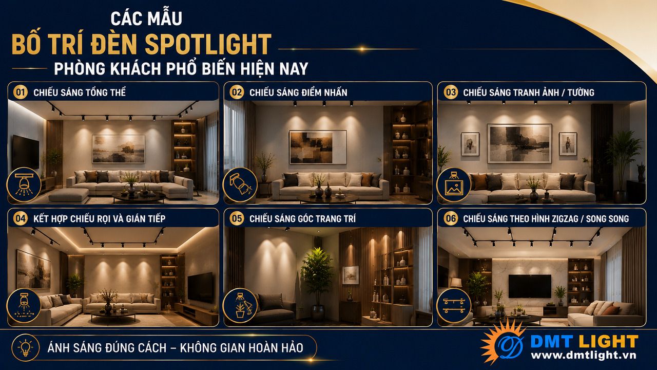 Bố trí đèn Spotlight phòng khách chạy dọc viền trần là mẫu phổ biến