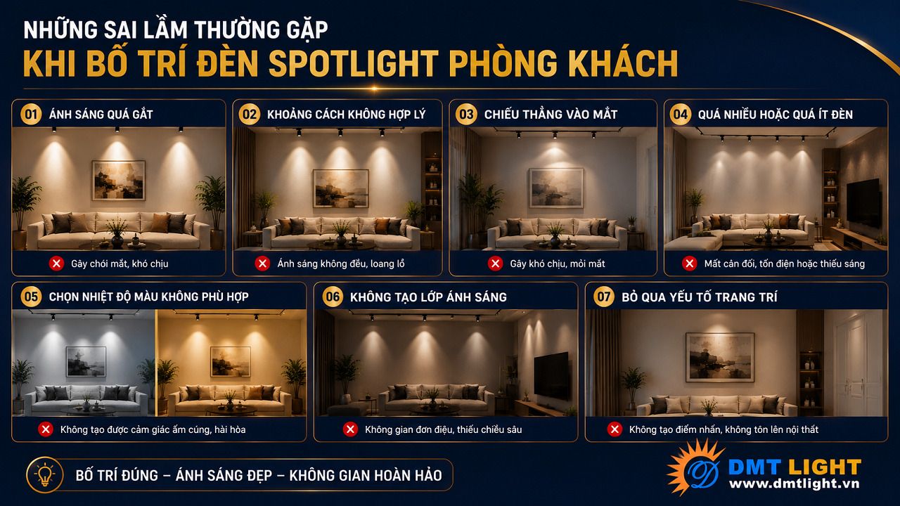 Kết hợp đèn Spotlight với đèn LED âm trần để tạo nhiều lớp chiếu sáng cho phòng khách