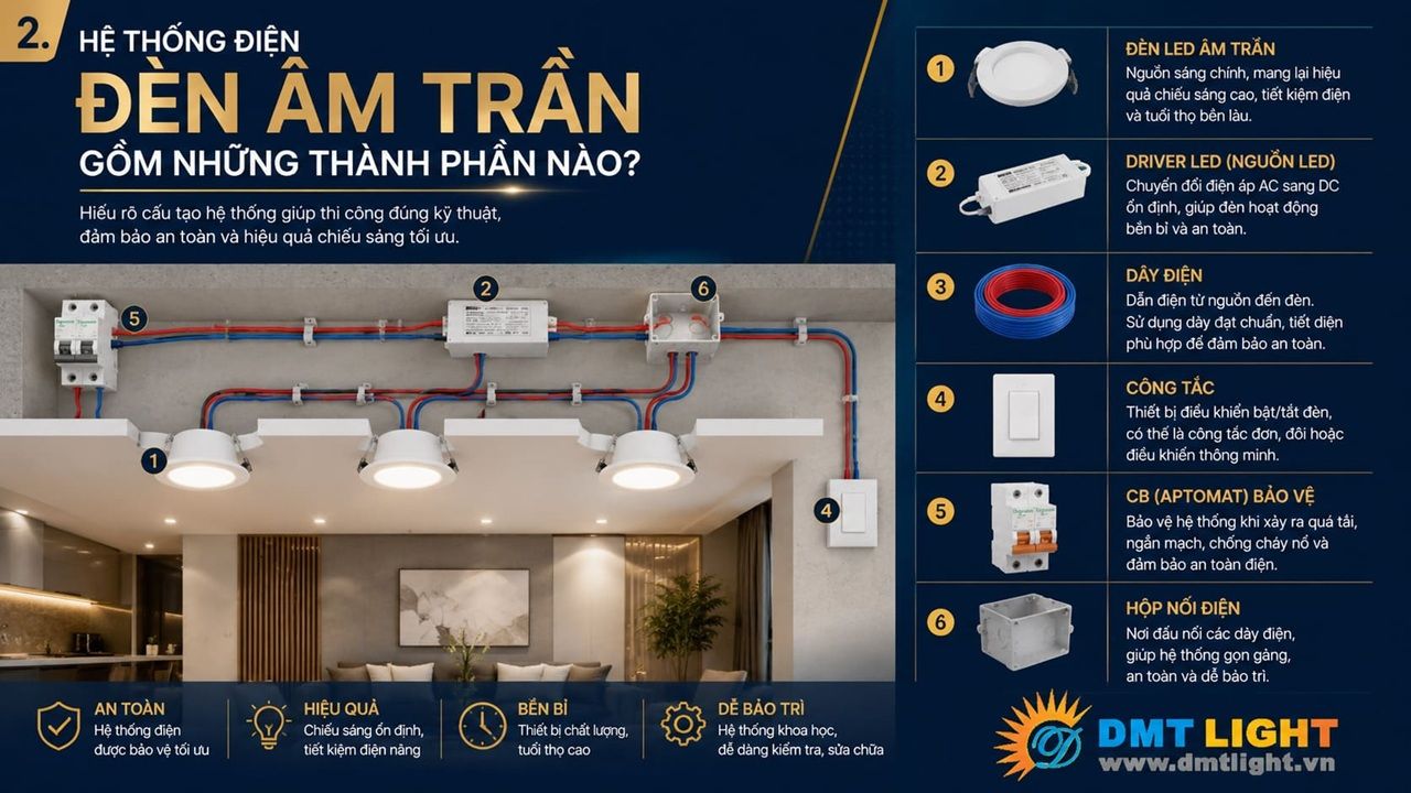 Một hệ thống điện đèn lắp đặt âm trần cơ bản sẽ gồm 5 thành phần chính