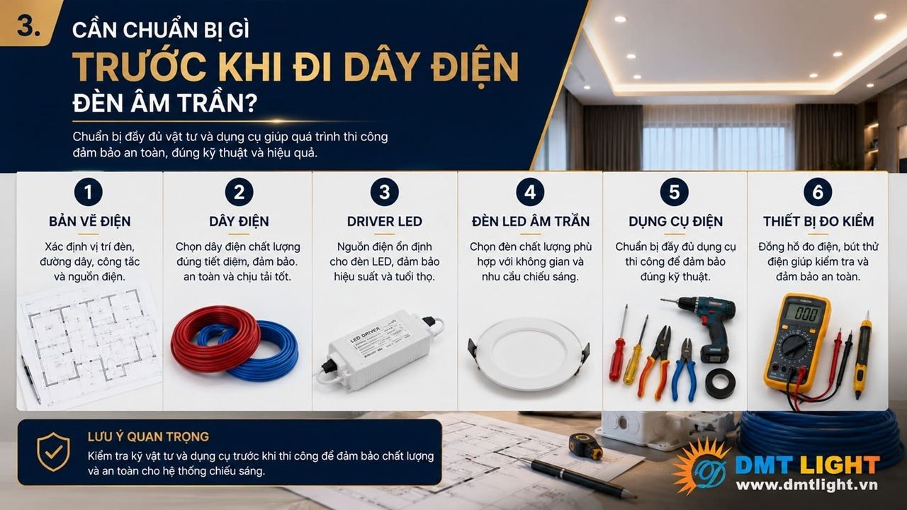 Trước khi đi dây điện đèn âm trần bạn cần chuẩn bị đầy đủ dụng cụ thi công