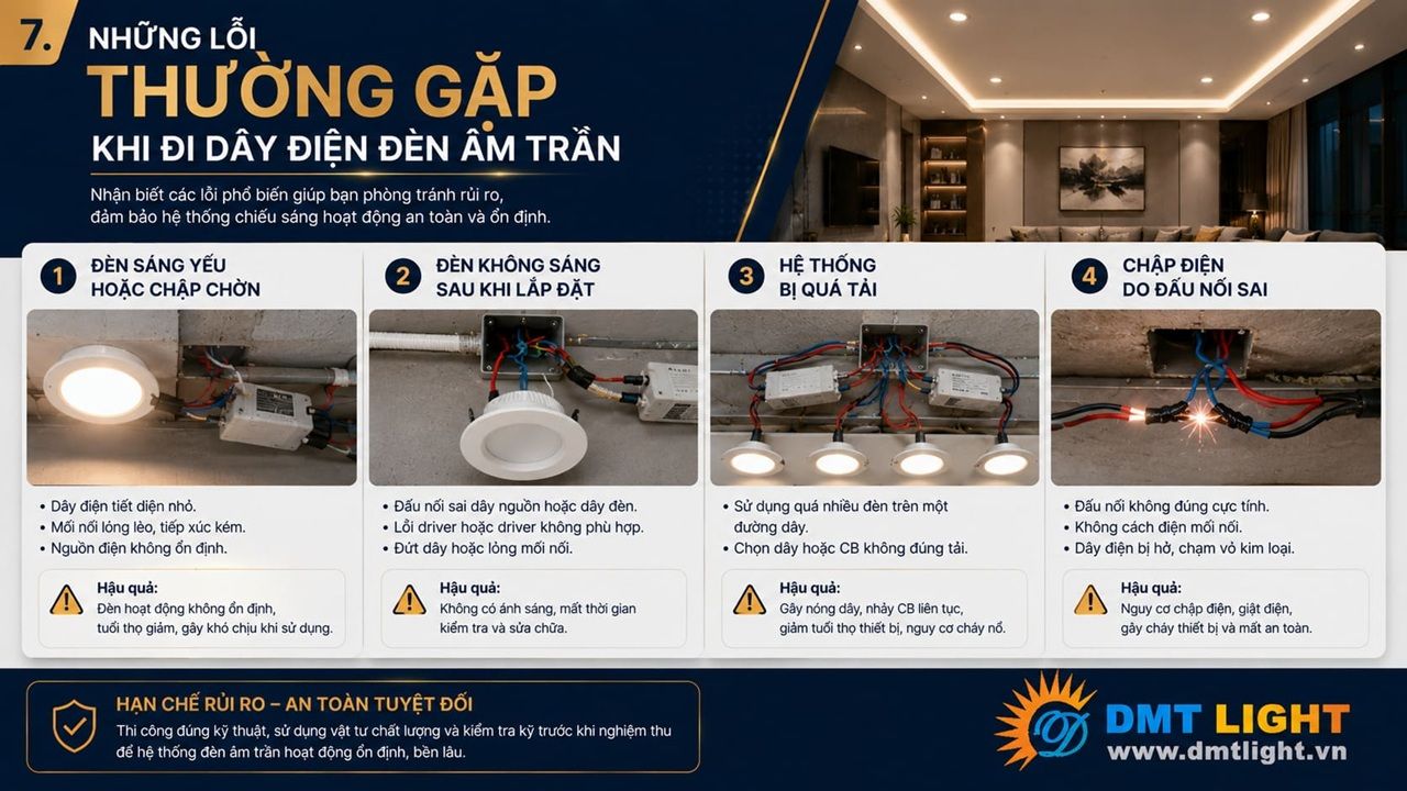 Hệ thống đèn chiếu sáng quá tải là lỗi thường gặp khi đi dây điện đèn LEd âm trần