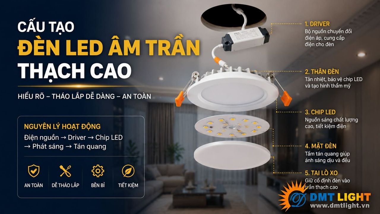 Cấu tạo đèn LED âm trần thạch cao gồm những bộ phận