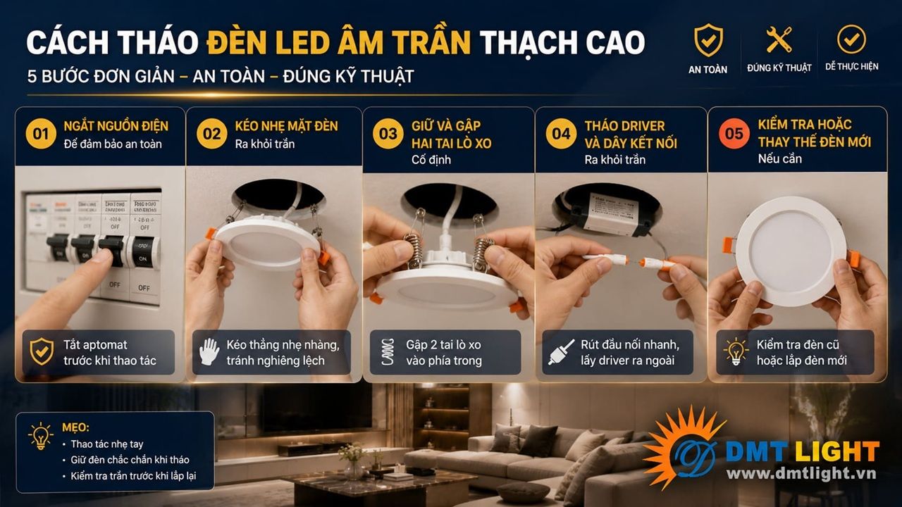 Các bước tháo đèn led âm trần thạch cao