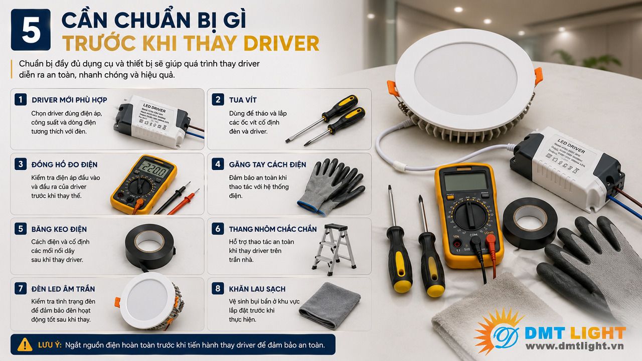 Chuẩn bị đầy đủ các thiết bị và dụng cụ để quá trình thay thế driver diễn ra nhanh chóng