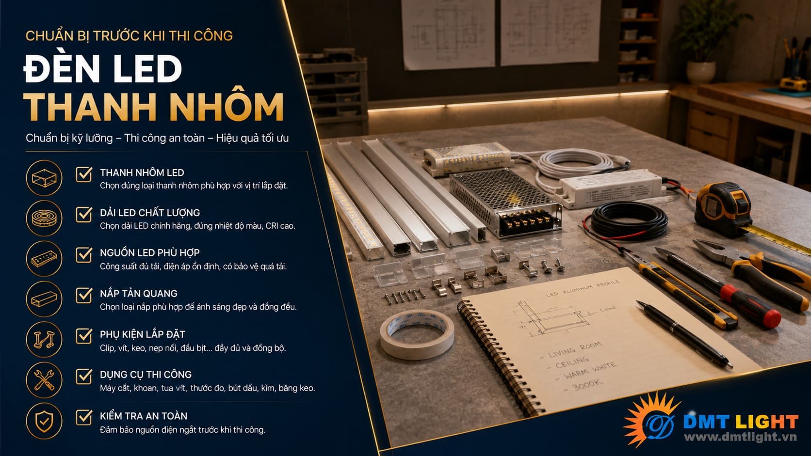 Chuẩn bị trước khi thi công đèn LED thanh nhôm