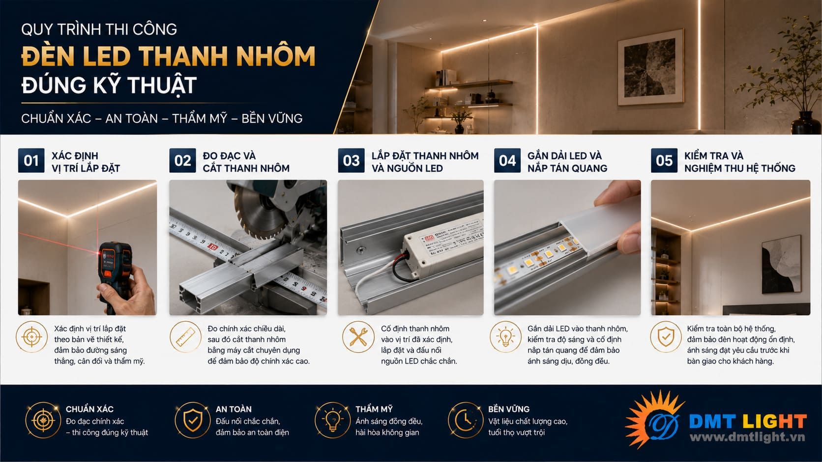 Cách thi công đèn LED thanh nhôm đúng kỹ thuật trải qua 5 bước cơ bản