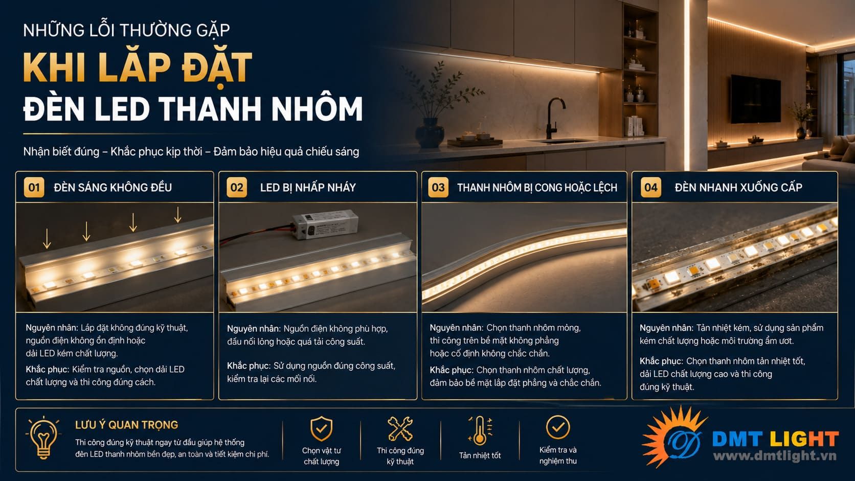 Lỗi thường gặp khi lắp đặt đèn LED thanh nhôm