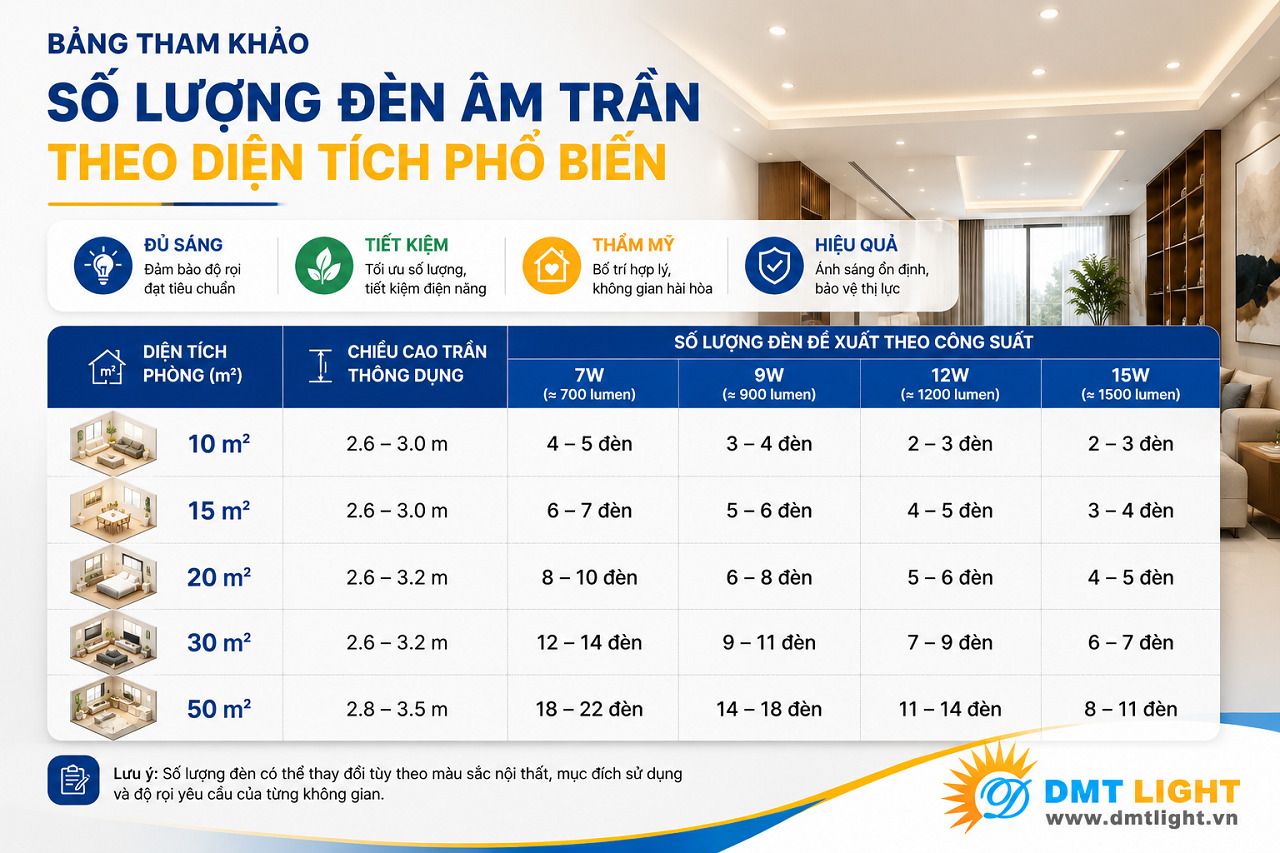 Tham khảo bảng số lượng đèn âm trần để lắp đặt cho phù hợp
