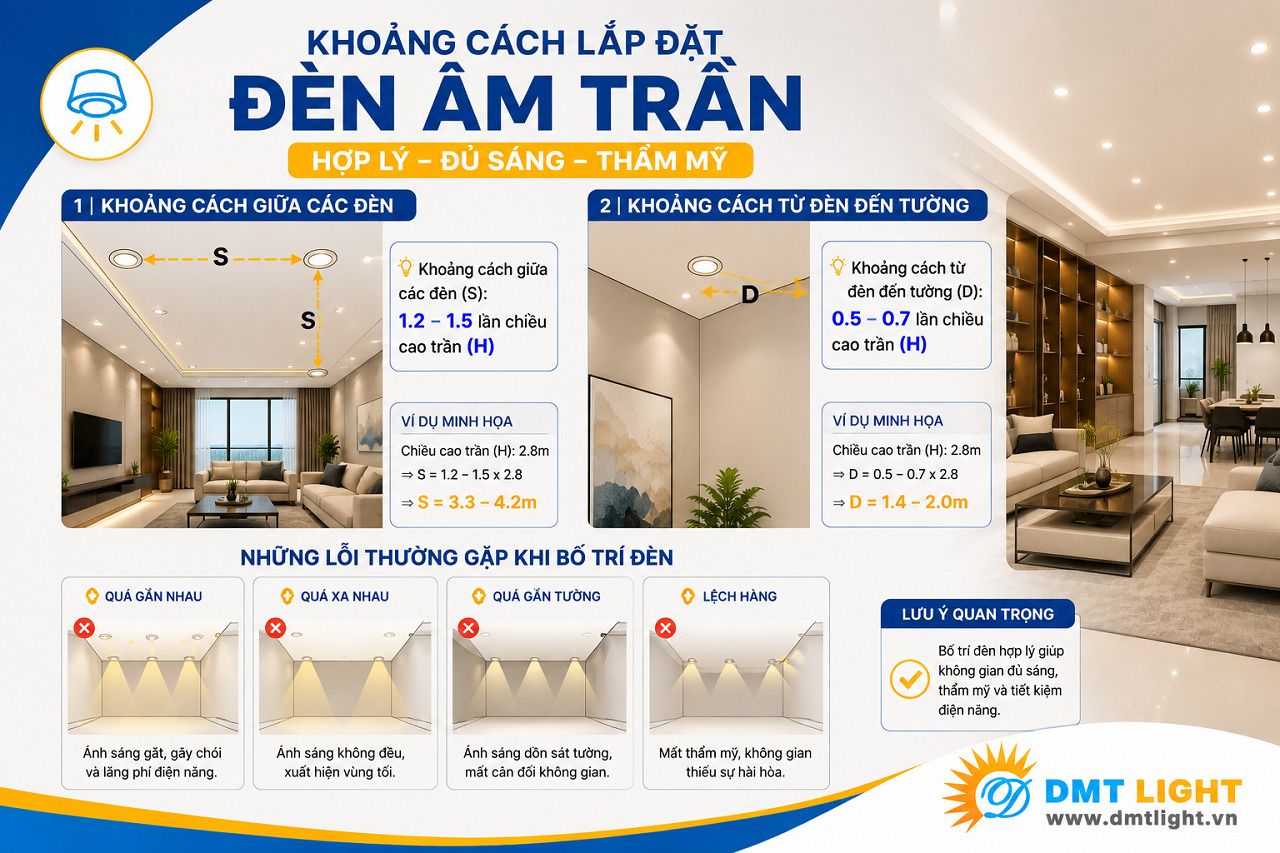 Đảm bảo khoảng cách hợp lý giữa các đèn giúp nâng cao chất lượng ánh sáng sử dụng