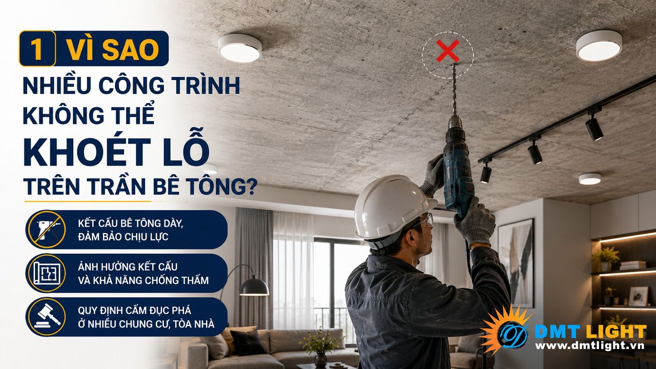 Không thể khoét lỗ trên trần bê tông để đảm bảo kết cấu chịu lực của công trình