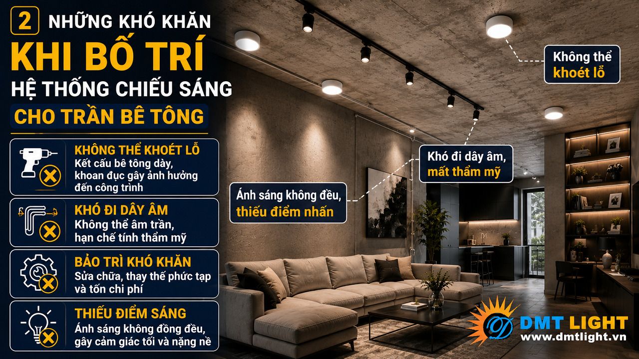 Khi bố trí hệ thống chiếu sáng cho trần bê tông bạn sẽ khó phân bổ ánh sáng đồng đều