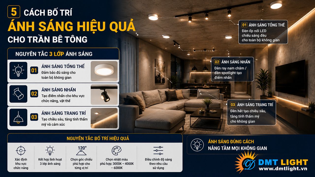 Phân tầng ánh sáng khi bố trí đèn cho trần bê tông giúp đảm bảo hiệu quả chiếu sáng