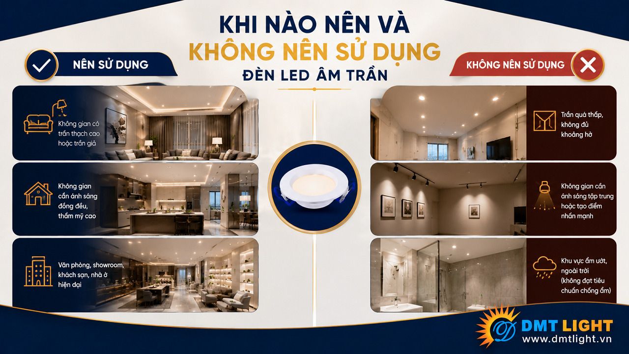 Với trần nhà bằng bê tông không nên lắp đặt đèn LED âm trần