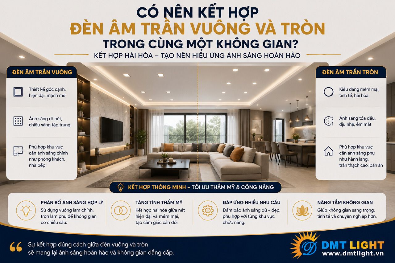 Bạn hoàn toàn có thể kết hợp cả 2 loại đèn LED âm trần vuông và tròn với nhau