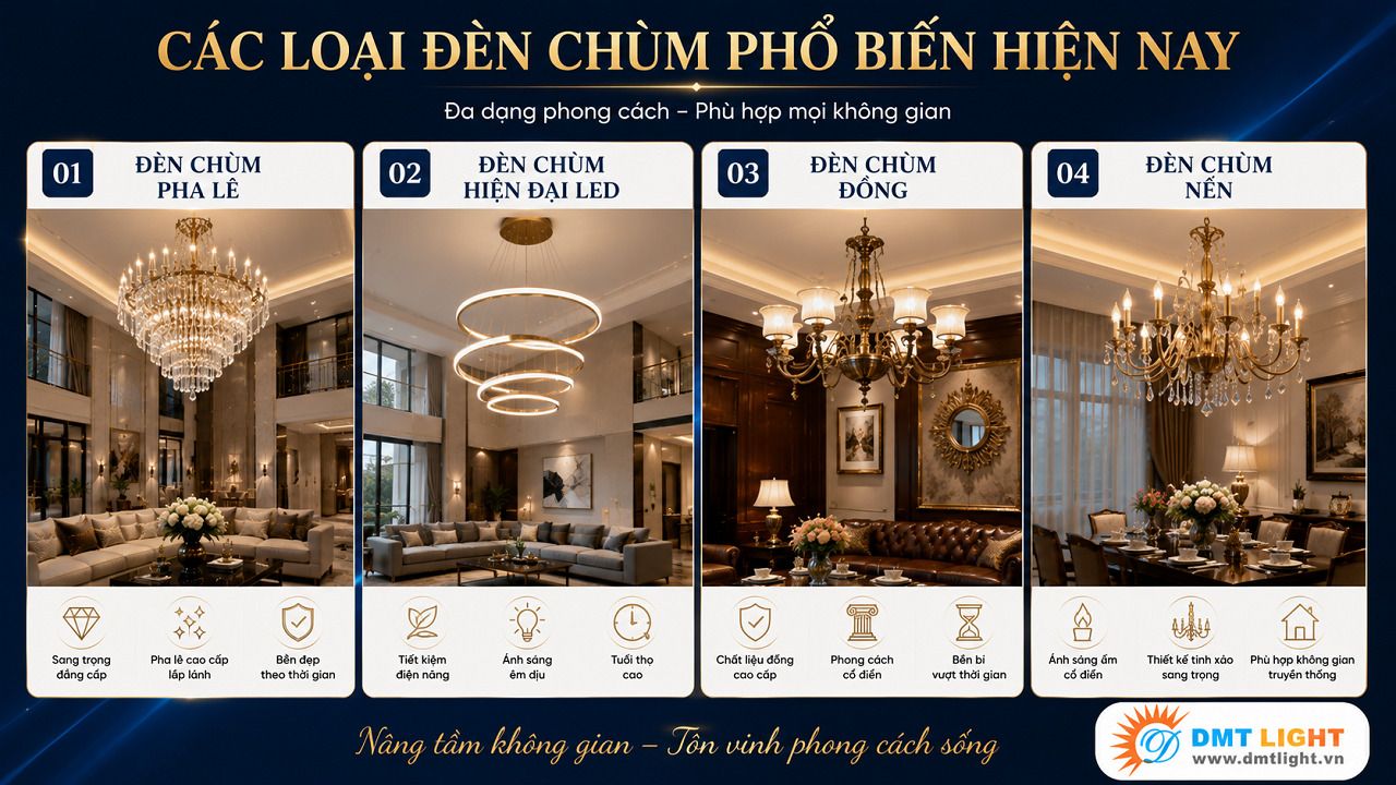 Đèn chùm pha lê được sử dụng phổ biến trong nhiều không gian