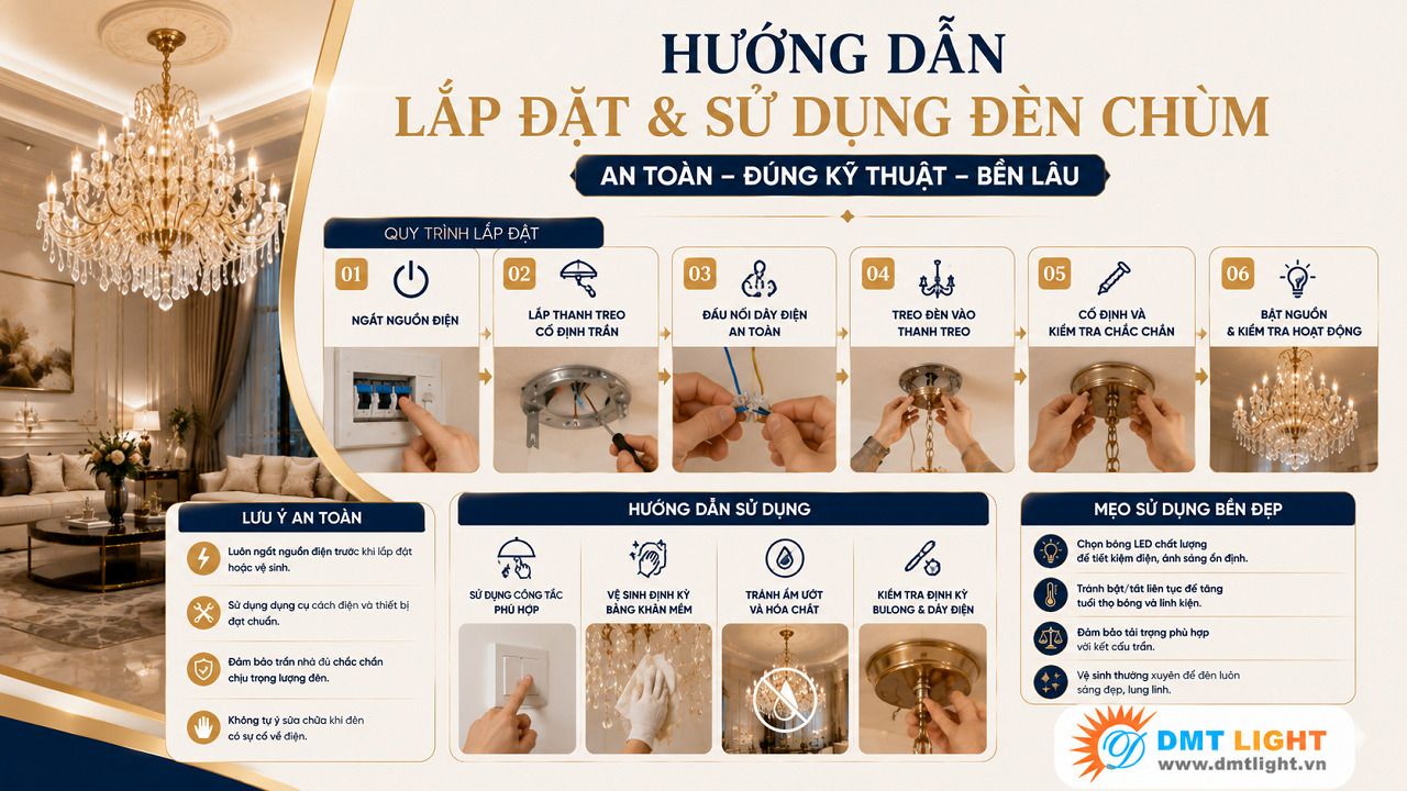 Bạn cần nắm được cách lắp đặt đèn chùm đúng cách để đảm bảo an toàn và tuổi thọ của đèn