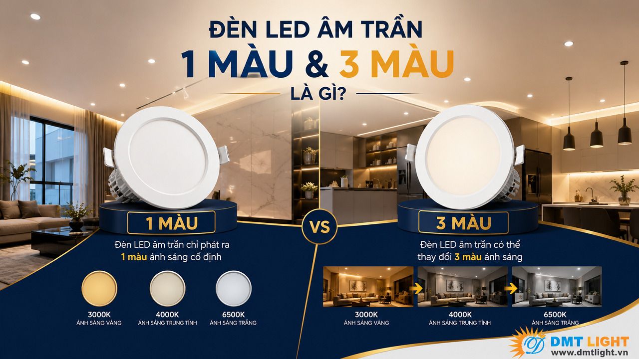 Đèn LED âm trần 1 màu và 3 màu là thiết bị chiếu sáng được sử dụng phổ biến hiện nay