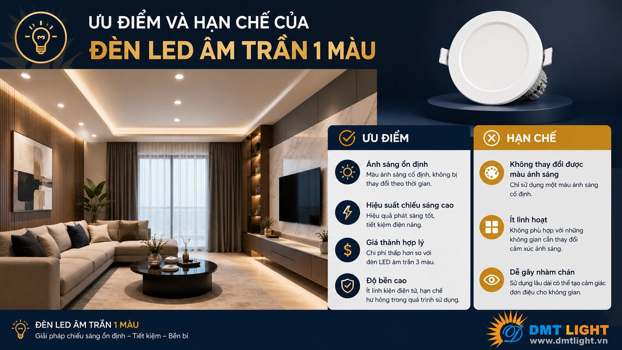Đèn LED âm trần 1 màu thiếu tính linh hoạt nếu muốn thay đổi theo mục đích sử dụng