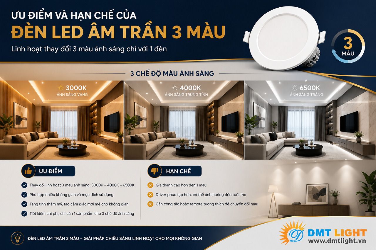 Đèn LED âm trần 3 màu có giá thành cao hơn đèn 1 màu