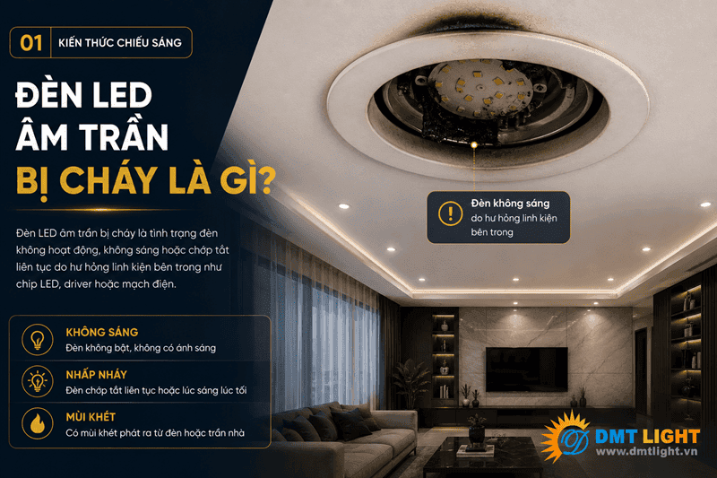 èn LED âm trần bị cháy là hiện tượng đèn ngừng hoạt động hoàn toàn  