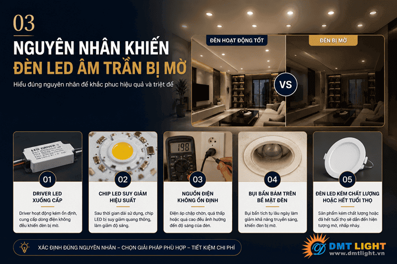 Linh kiện xuống cấp là nguyên nhân phổ biến khiến ánh sáng đèn bị mờ đi