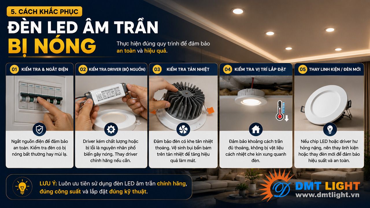 Khi đèn LED lắp đặt âm trần bị nóng bạn cần tháo đèn và kiểm tra bộ phận tản nhiệt