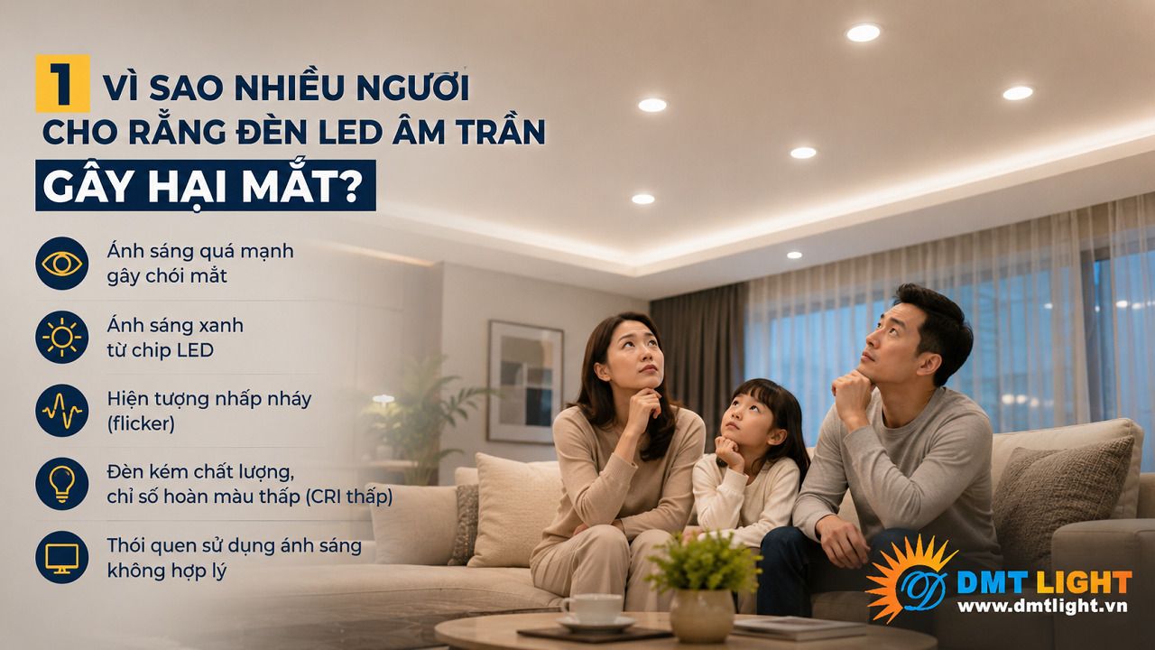 Ánh sáng xanh phát ra từ đèn LED âm trần khiến nhiều người lo ngại ảnh hưởng đến mắt