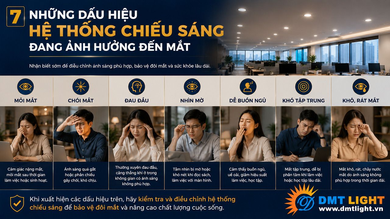 Khi thấy mắt khô nhanh, rát đó là dấu hiệu cho thấy hệ thống chiếu sáng đang ảnh hưởng đến mắt