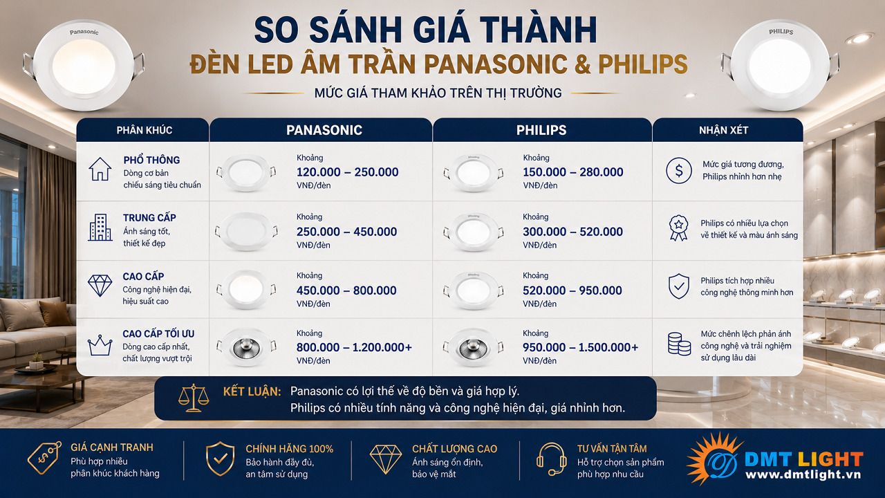 Đèn LED Philips có phổ giá rộng hơn Panasonic