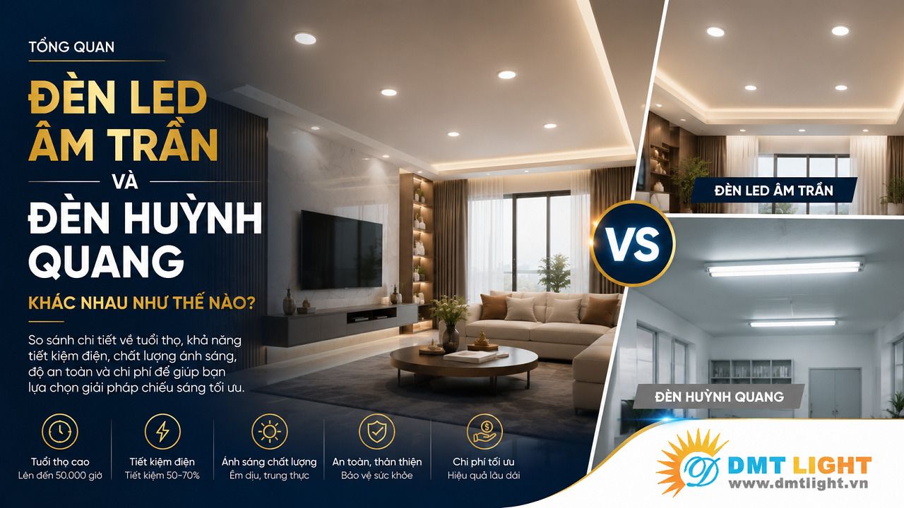 Đèn LED âm trần và đèn huỳnh quang là những thiết bị chiếu sáng phổ biến hiện nay