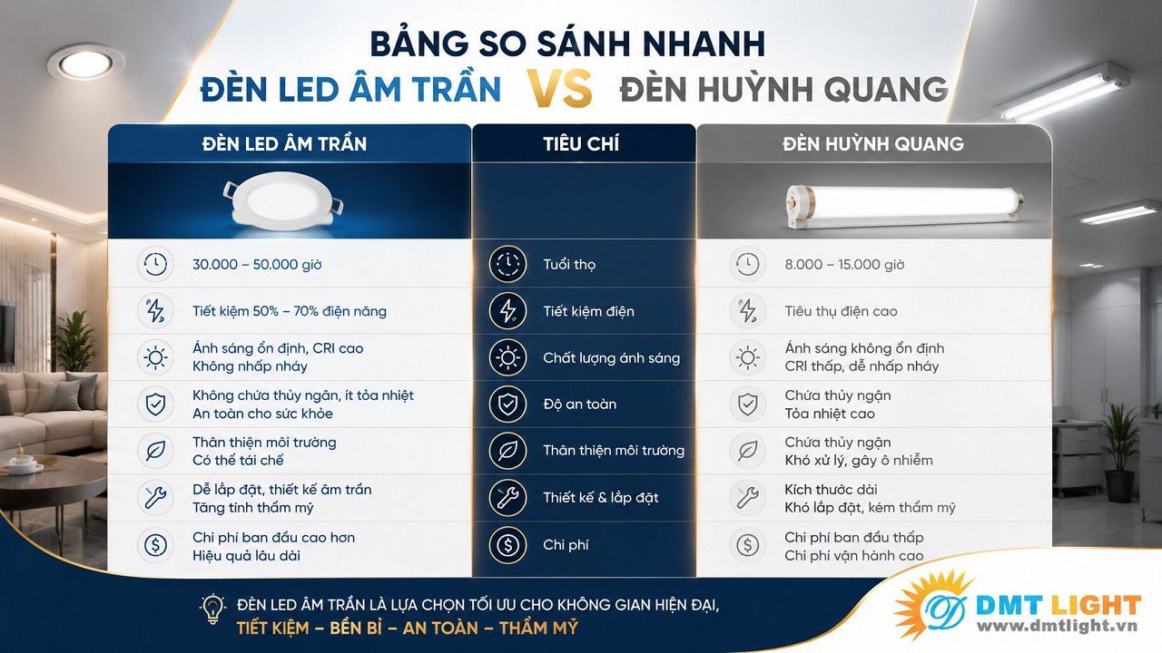 Đèn LED âm trần có nhiều điểm vượt trội hơn đèn huỳnh quang
