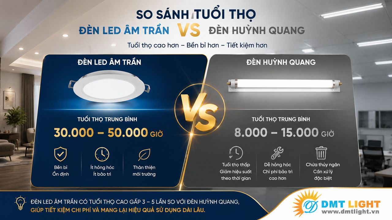 Tuổi thọ chiếu sáng của đèn LED âm trần cao hơn đèn huỳnh quang