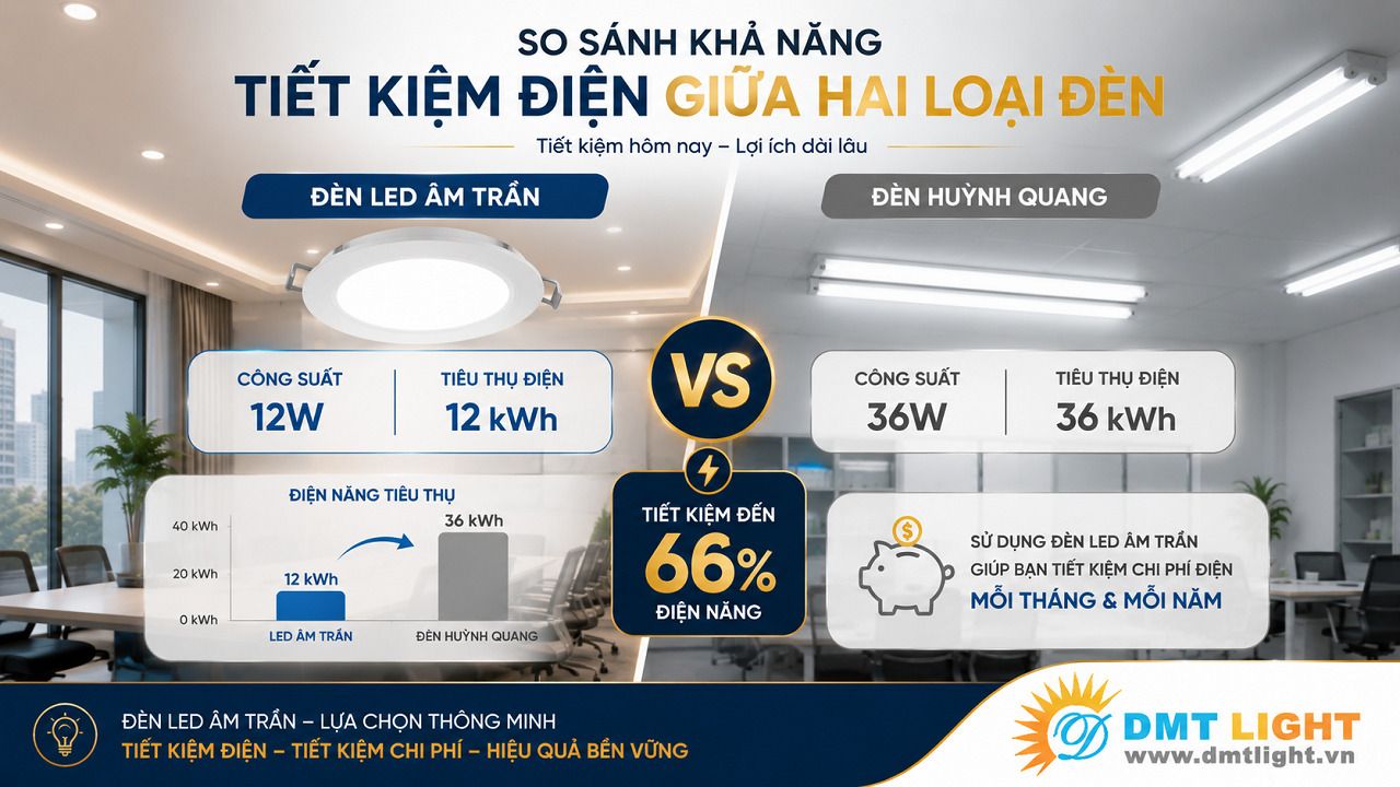 So với đèn huỳnh quang, đèn LED âm trần tiết kiếm 50 - 60% điện năng tiêu thụ