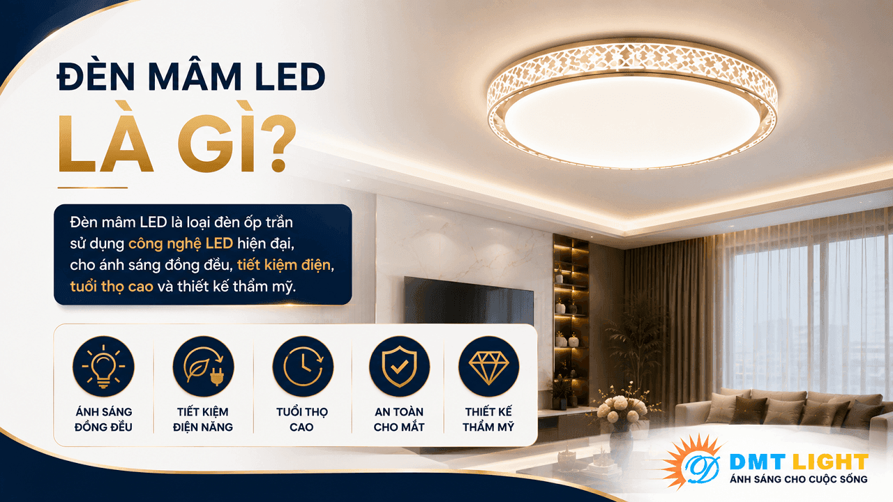 Đèn mâm LED hay còn gọi là đèn mâm ốp trần - một loại đèn trang trí nội thất có thiết kế với kiểu dáng bắt mắt và ấn tượng