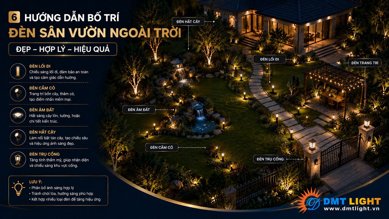 Bố trí đèn sân vườn theo dạng phân tầng để đảm bảo đủ ánh sáng cho không gian