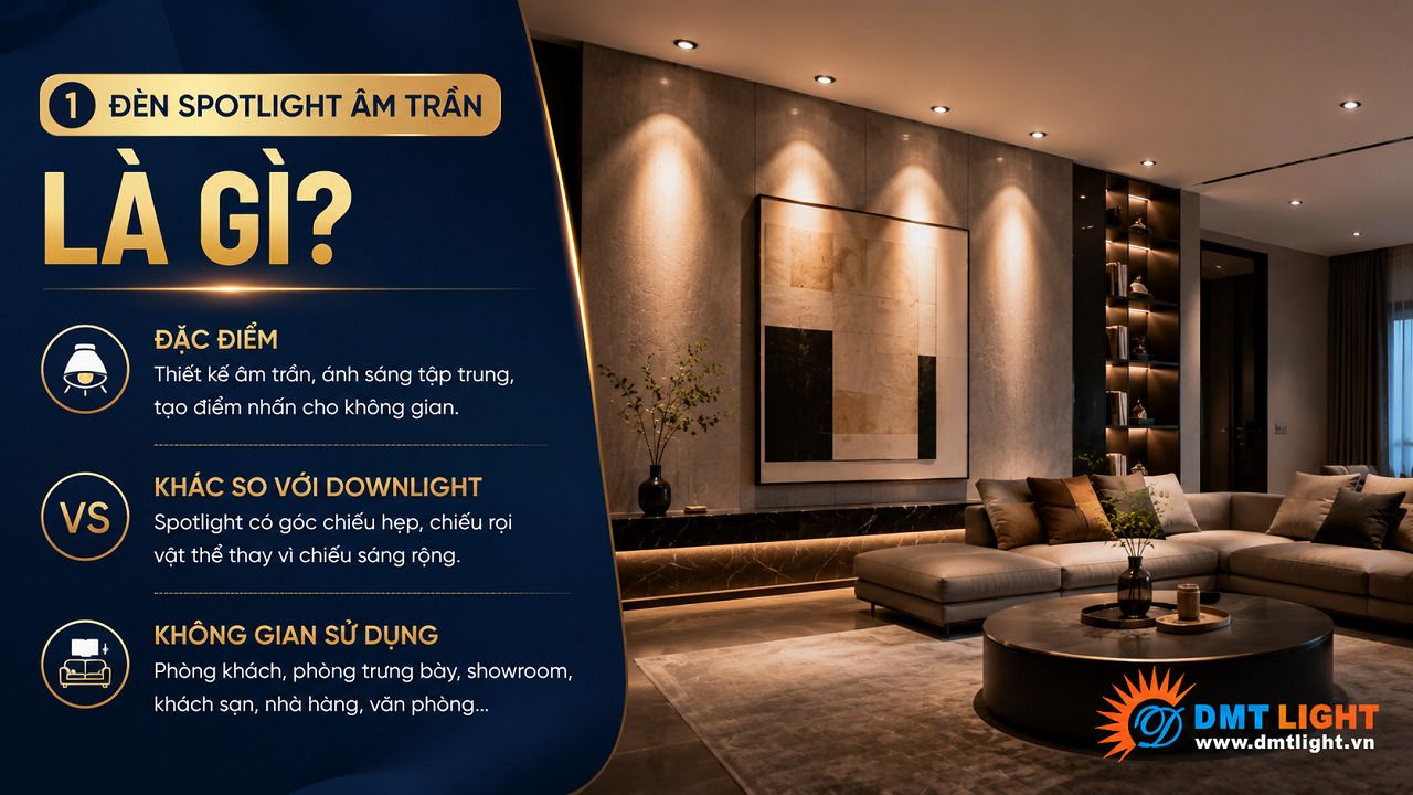 Đèn Spotlight âm trần là dòng đèn LED có khả năng cho ánh sáng tập trung