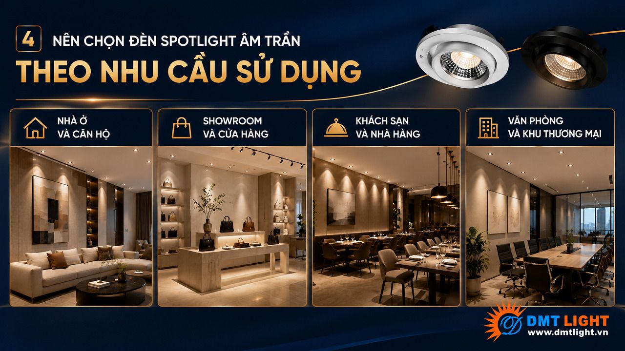 Văn phòng và khu thương mại nên chọn đèn Spotlight âm trần ánh sáng trắng (6500K)