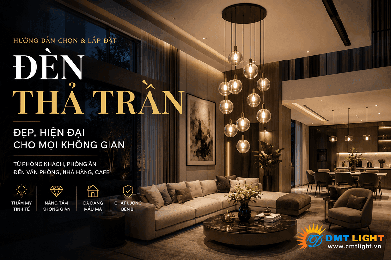 Đèn thả trần còn được gọi là đèn treo trần hay đèn thả, được dùng để gắn trên trần nhà với phần thân đèn thả xuống để chiếu sáng