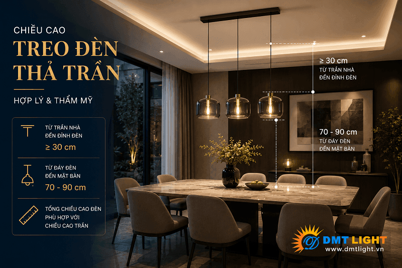 Chiều cao treo là một trong những yếu tố quan trọng nhất ảnh hưởng đến cả tính thẩm mỹ của đèn
