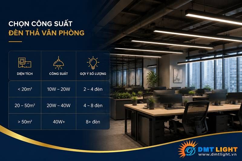 Chọn công suất đèn thả văn phòng phù hợp với từng không gian văn phòng để đảm bảo hiệu quả chiếu sáng