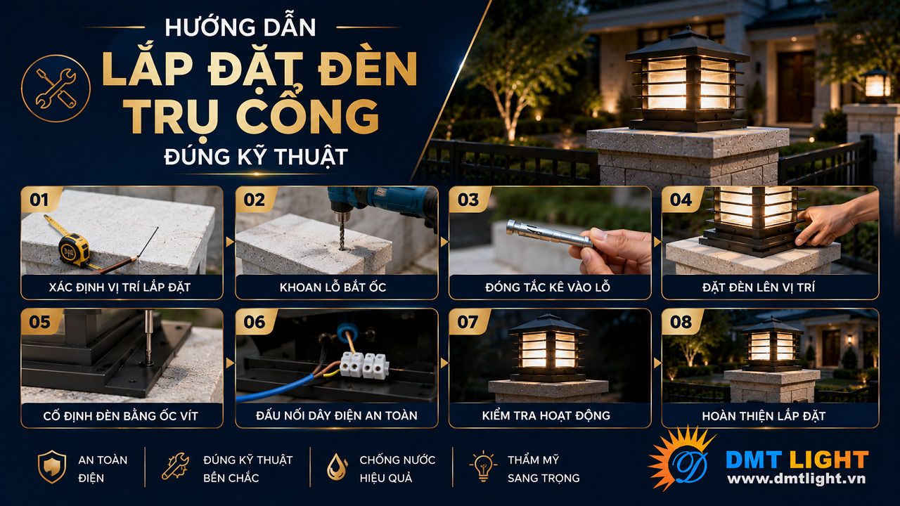 Tuân thủ các bước lắp đặt để đảm bảo an toàn và hiệu quả chiếu sáng của đèn trụ cổng