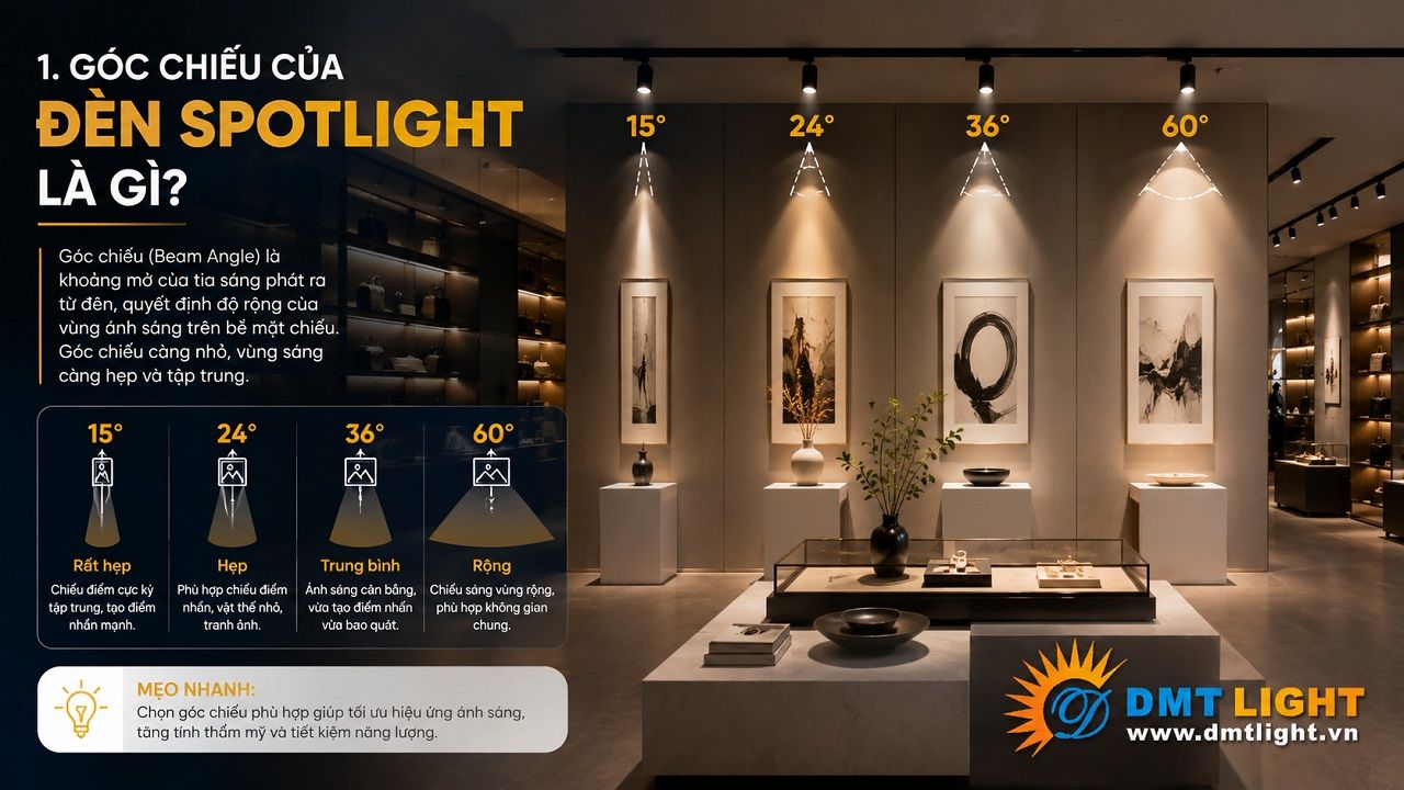 Góc chiếu của đèn Spotlight quyết định lớn đến phạm vi sử dụng ánh sáng