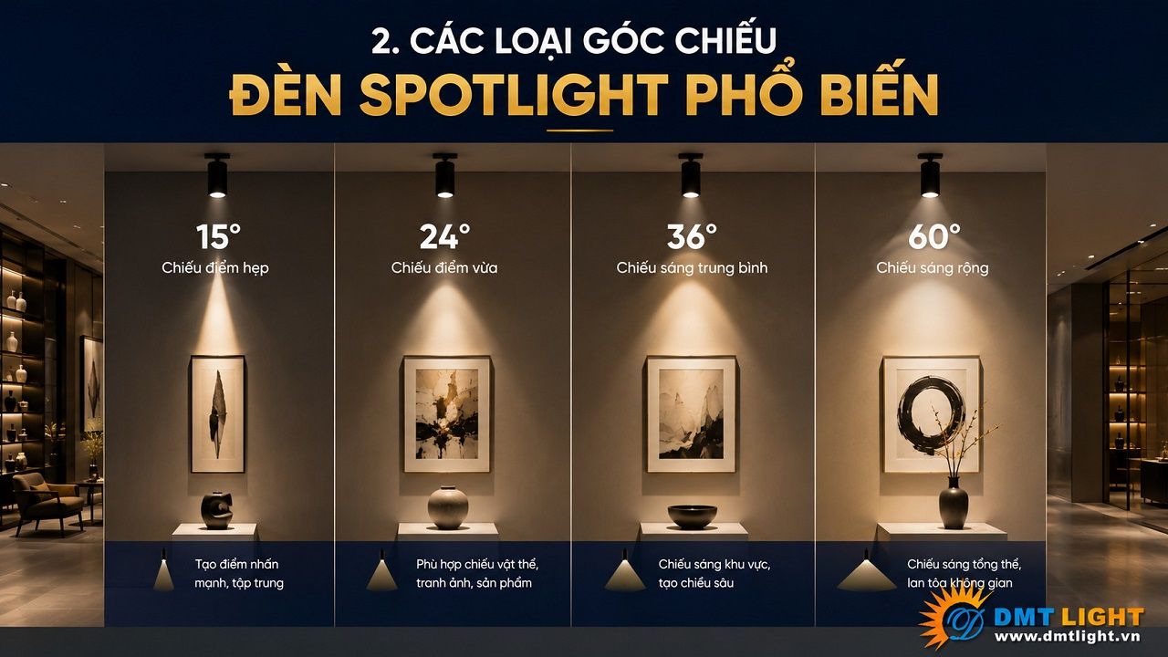 Có 3 loại góc chiếu đèn Spotlight phổ biến đang được sử dụng phổ biến hiện nay