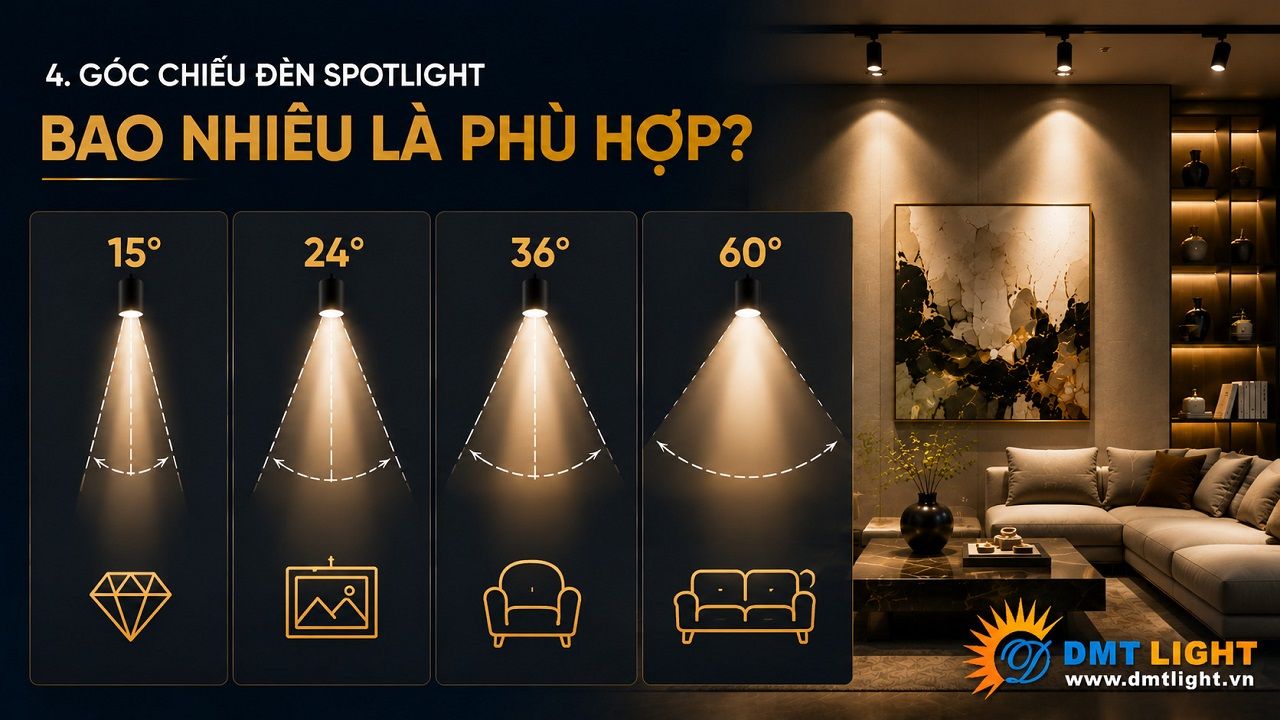 Góc chiếu cho đèn Spotlight phù hợp cần lựa chọn theo không gian sử dụng thực tế