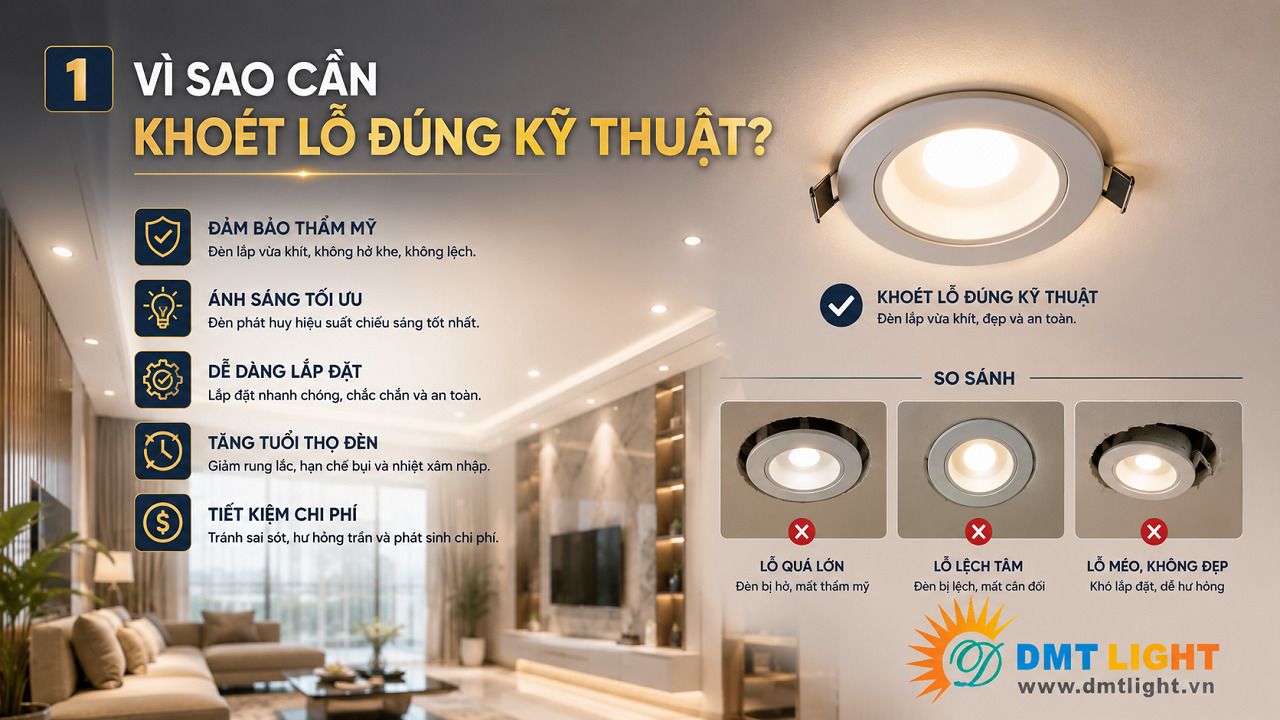 Cần khoét lỗ đèn LED âm trần đúng kỹ thuật để đảm bảo tính thẩm mỹ cho công trình